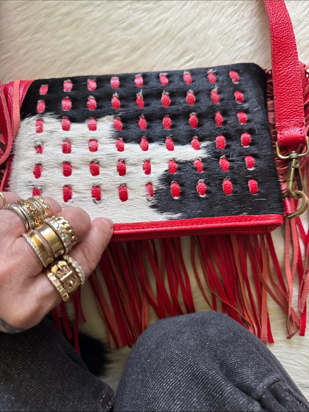 Red Fringe Crossbody Bag with Studded Haircalf Detail